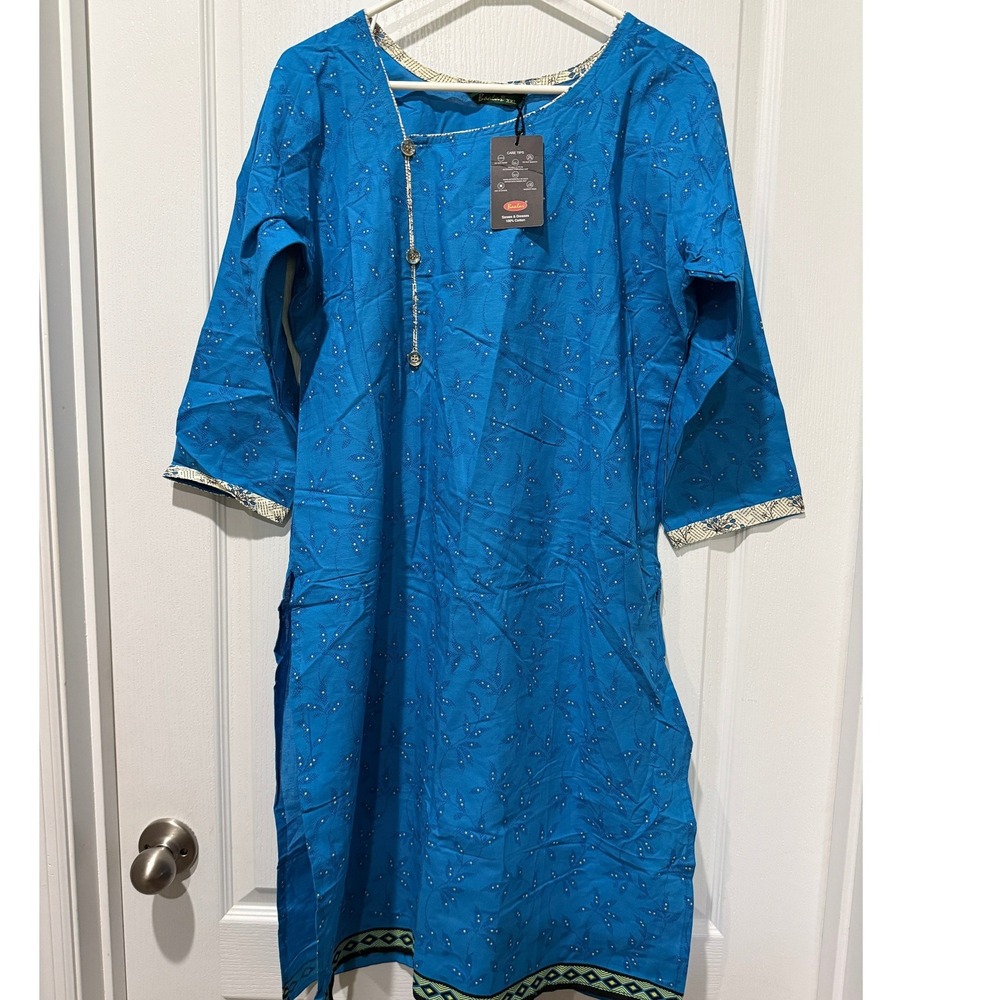 Baalar Blue Cotton Kurti Tunic Floral Print Side Button Indian Top XXL NWT